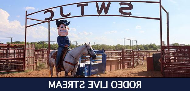 Photo of SWTJC Mascot, Tex, on a horse with a banner stating Rodeo Live Stream.